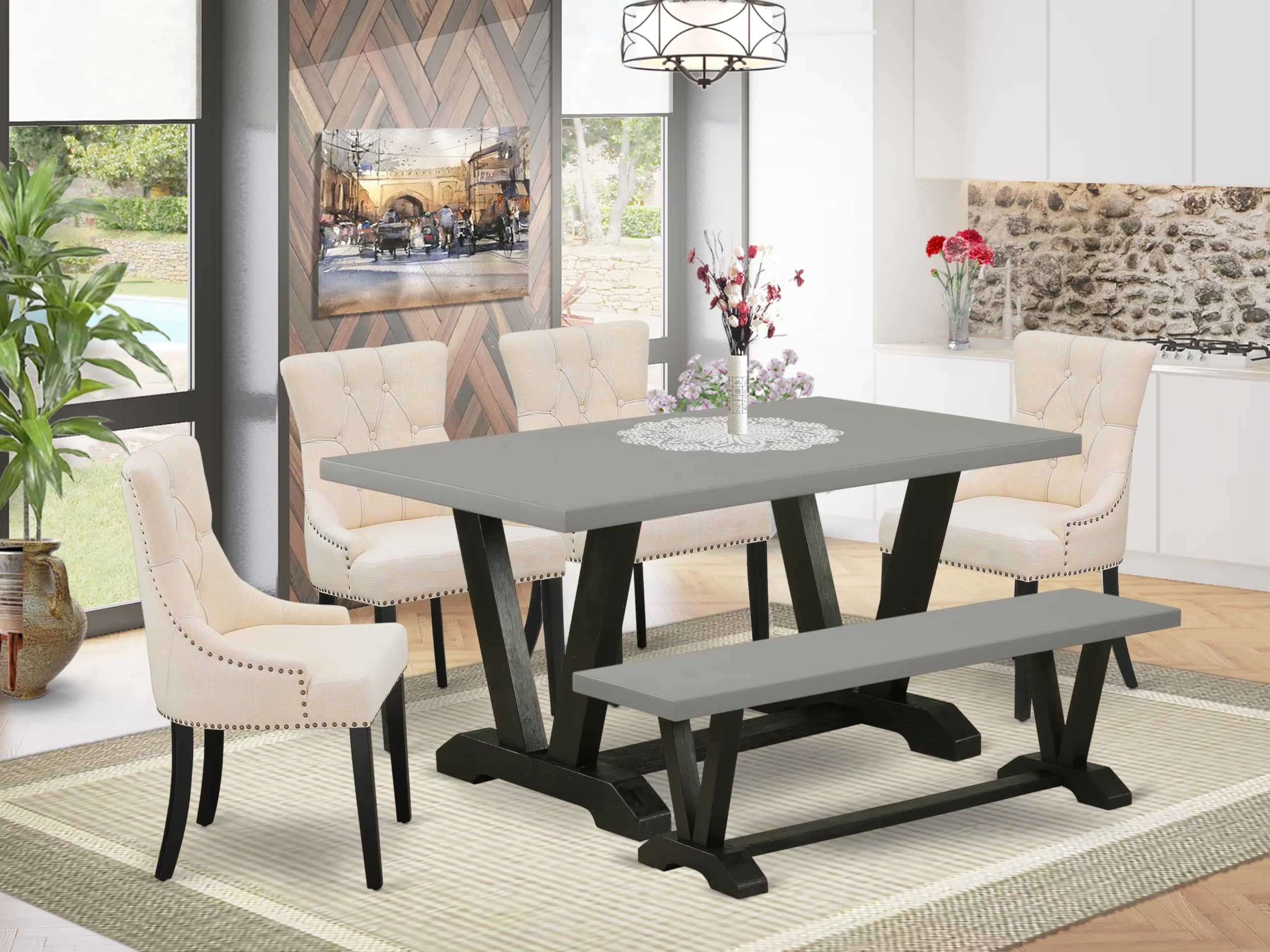 East West Furniture V696Fr102-6 6 Piece Dining Set Contains A Rectangle Dining Room Table With V-Legs And 4 Light Beige Linen Fabric Upholstered Chairs With A Bench, 36X60 Inch, Multi-Color